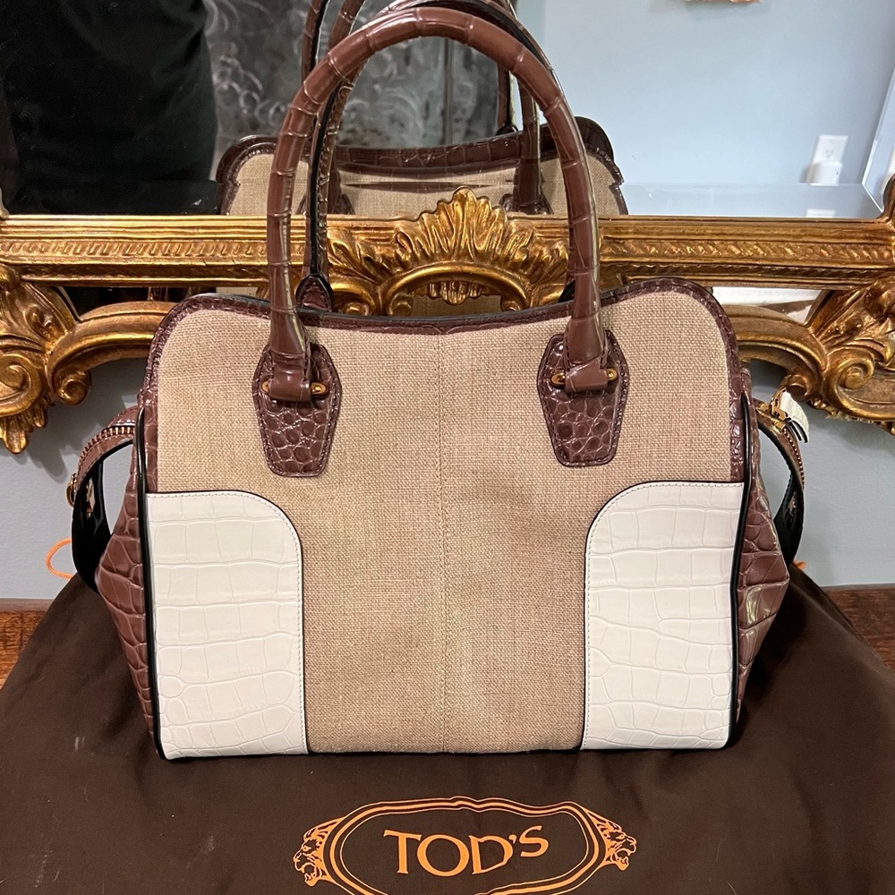 Tods Piccola satchel linen and croc embossed
